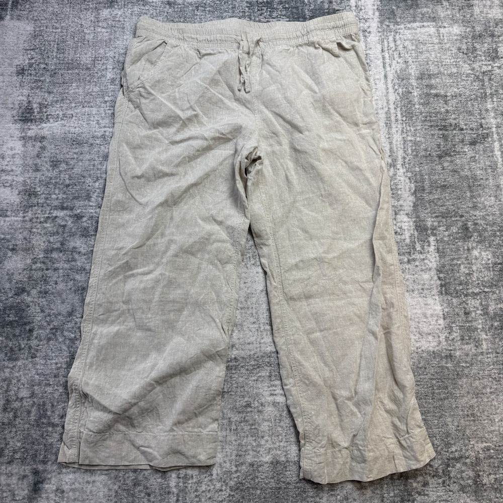 LL Bean Pants Womens 16 Petite Beige‎ Linen Cropped Pull On Beachy Coastal 36x25